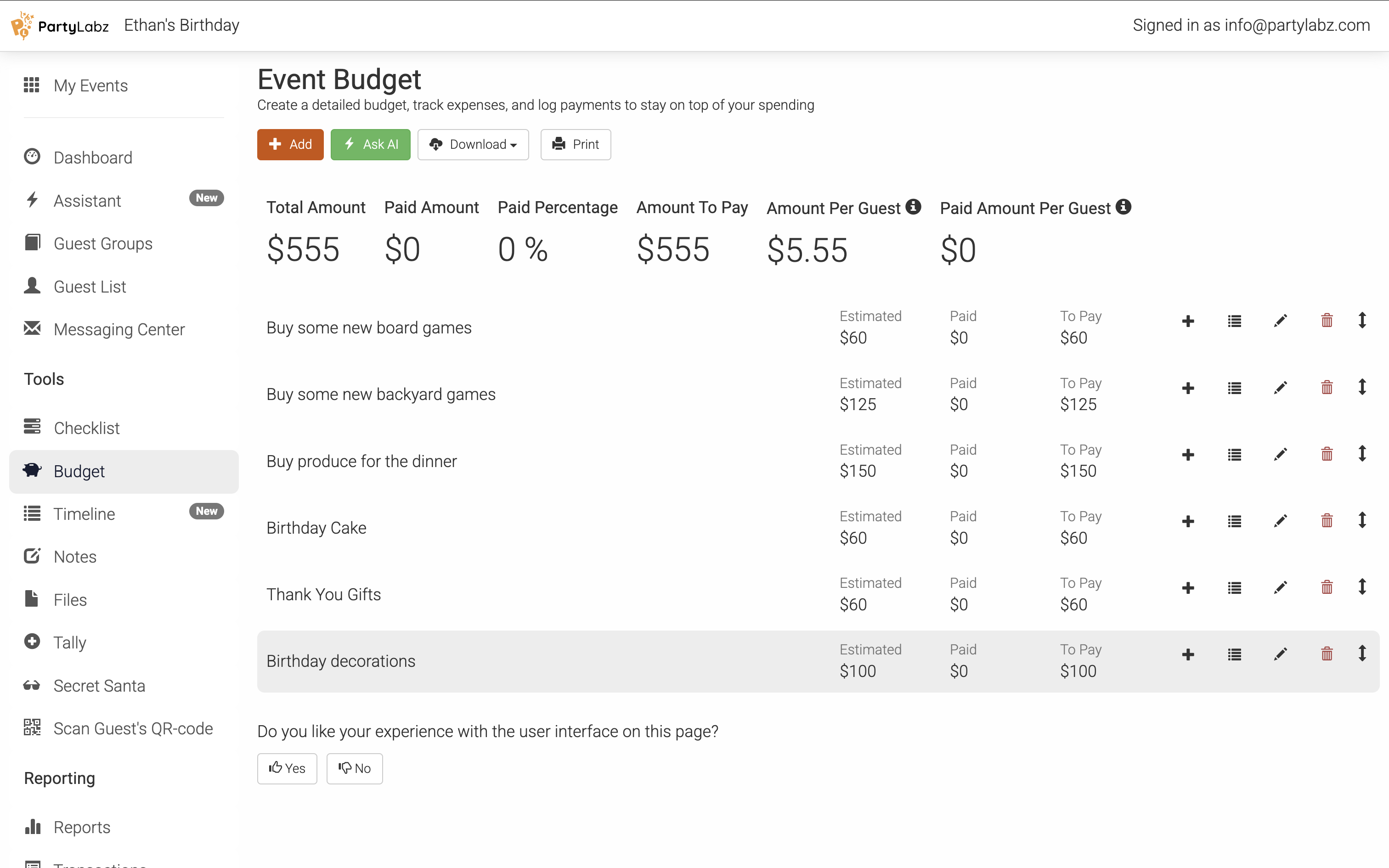 PartyLabz Event Budget Tool