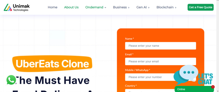 Unimak Technologies UberEats Clone App Landing Page