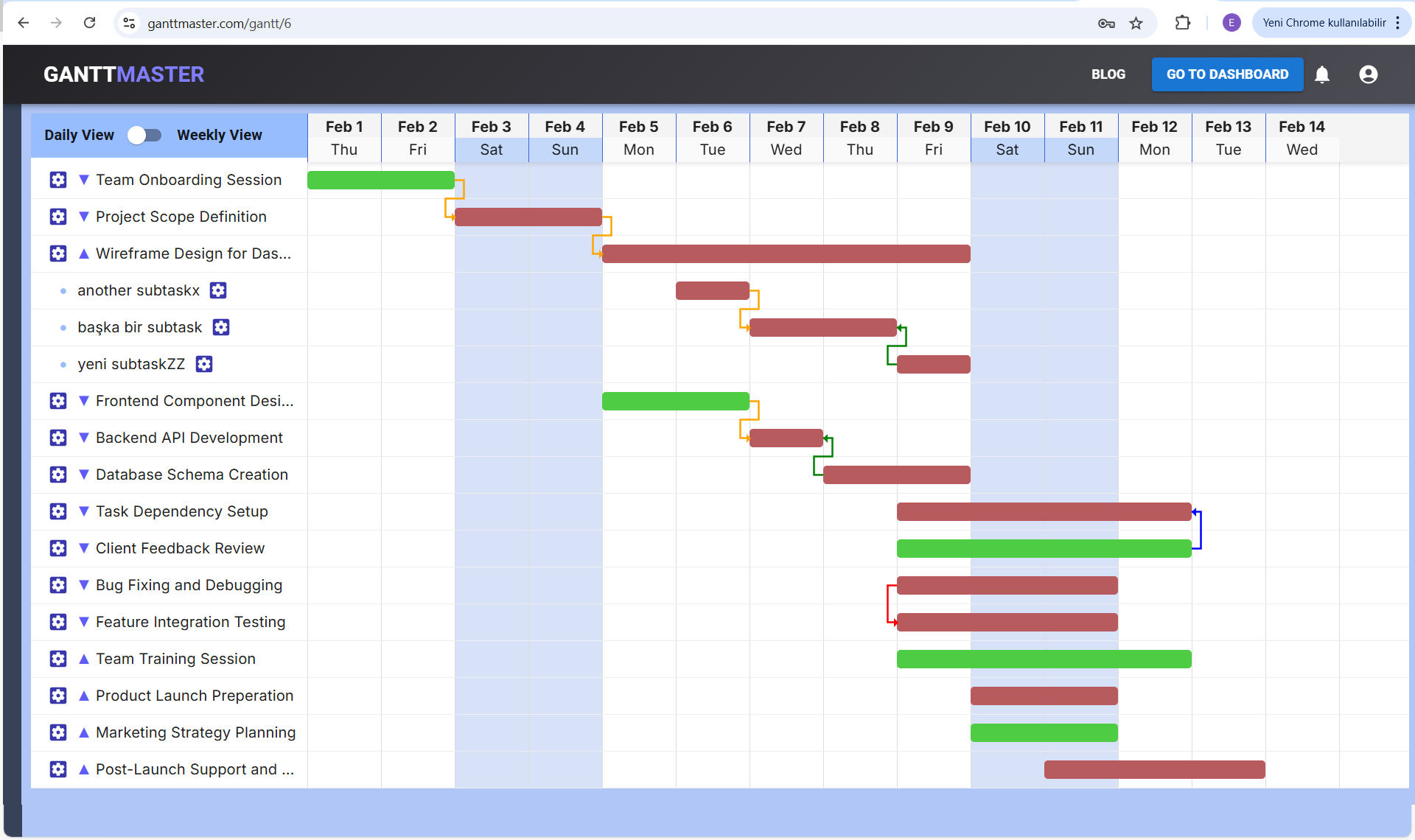 GanttMaster Gantt chart with task, subtasks and dependencies