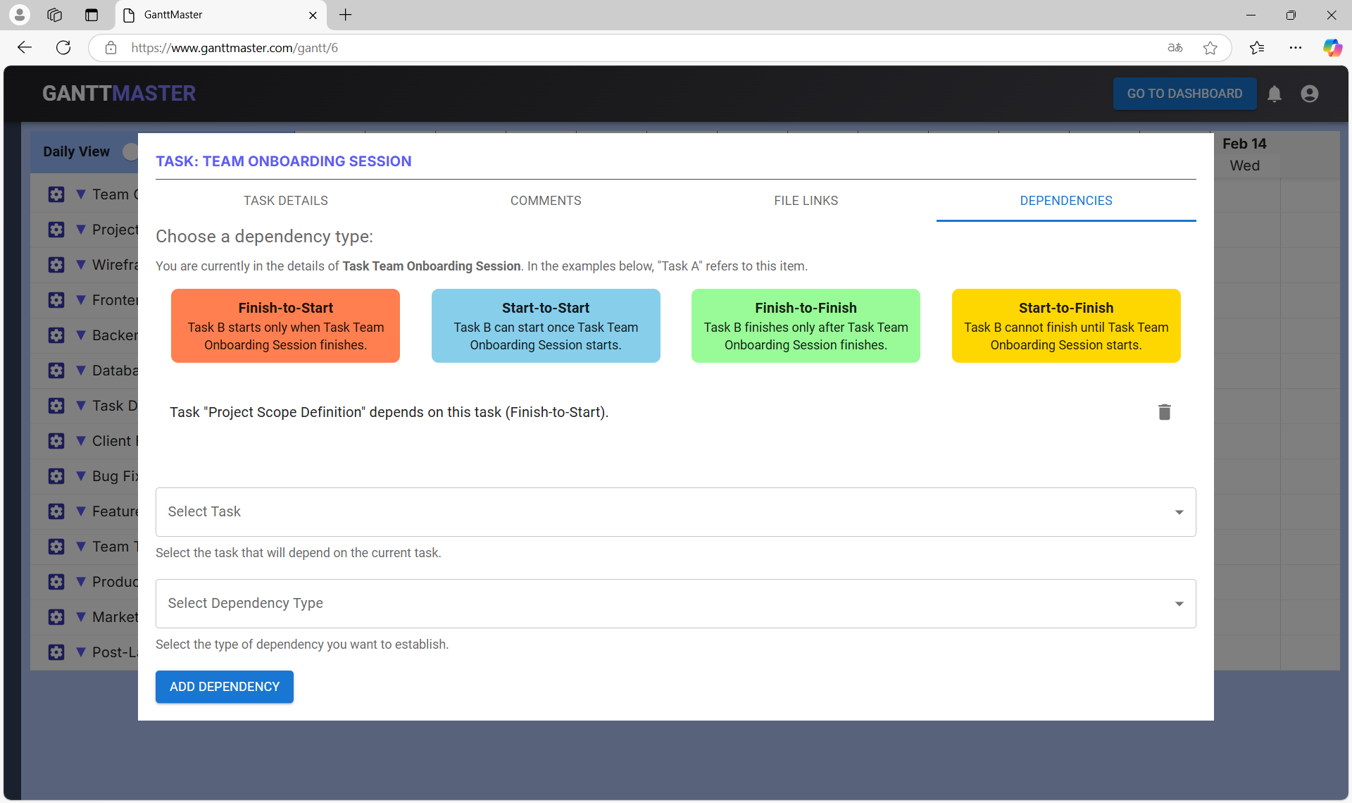 GanttMaster Task-Subtask Edit and Dependency Management Tab