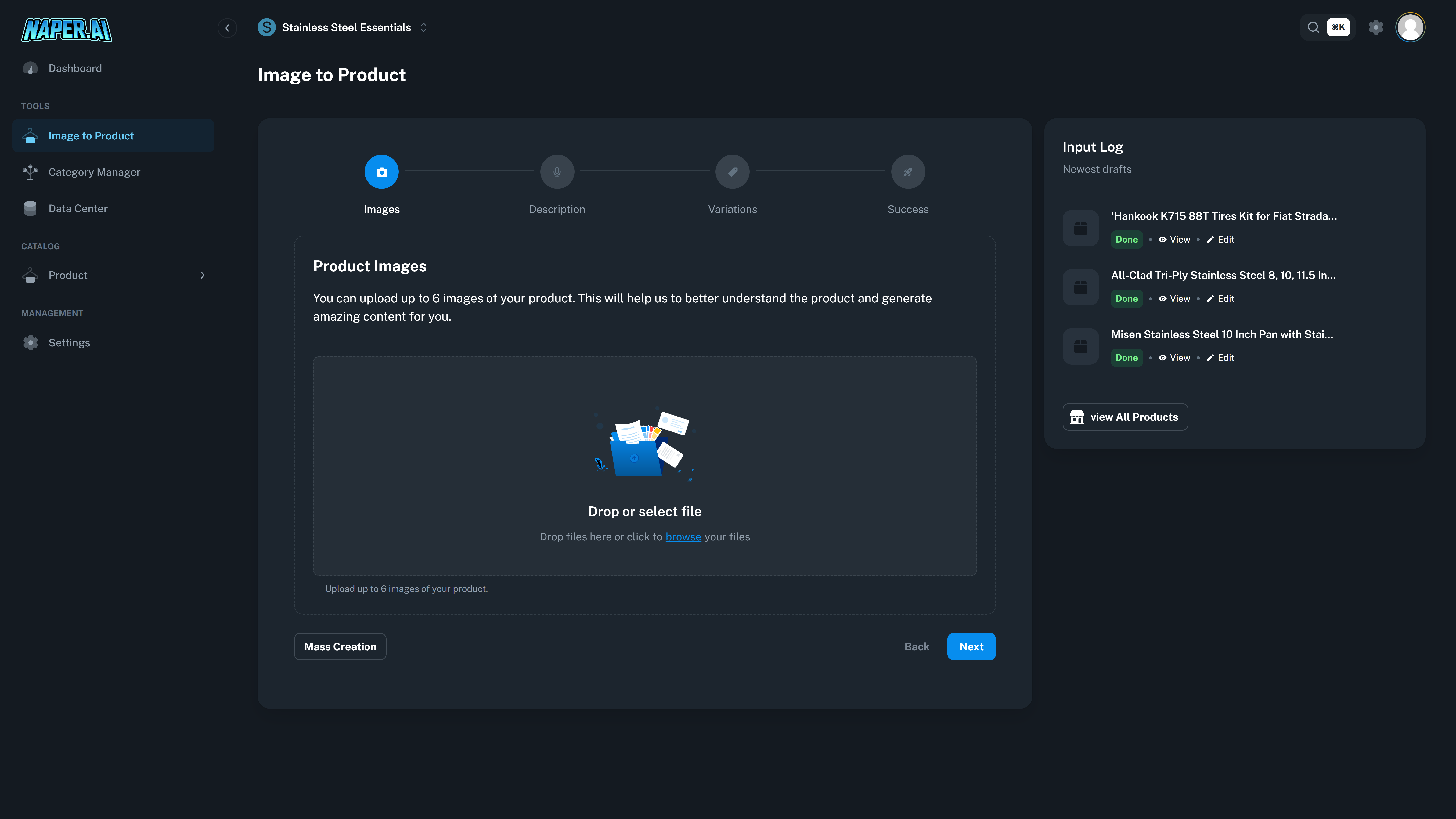Naper AI Image-To-Product Dark mode