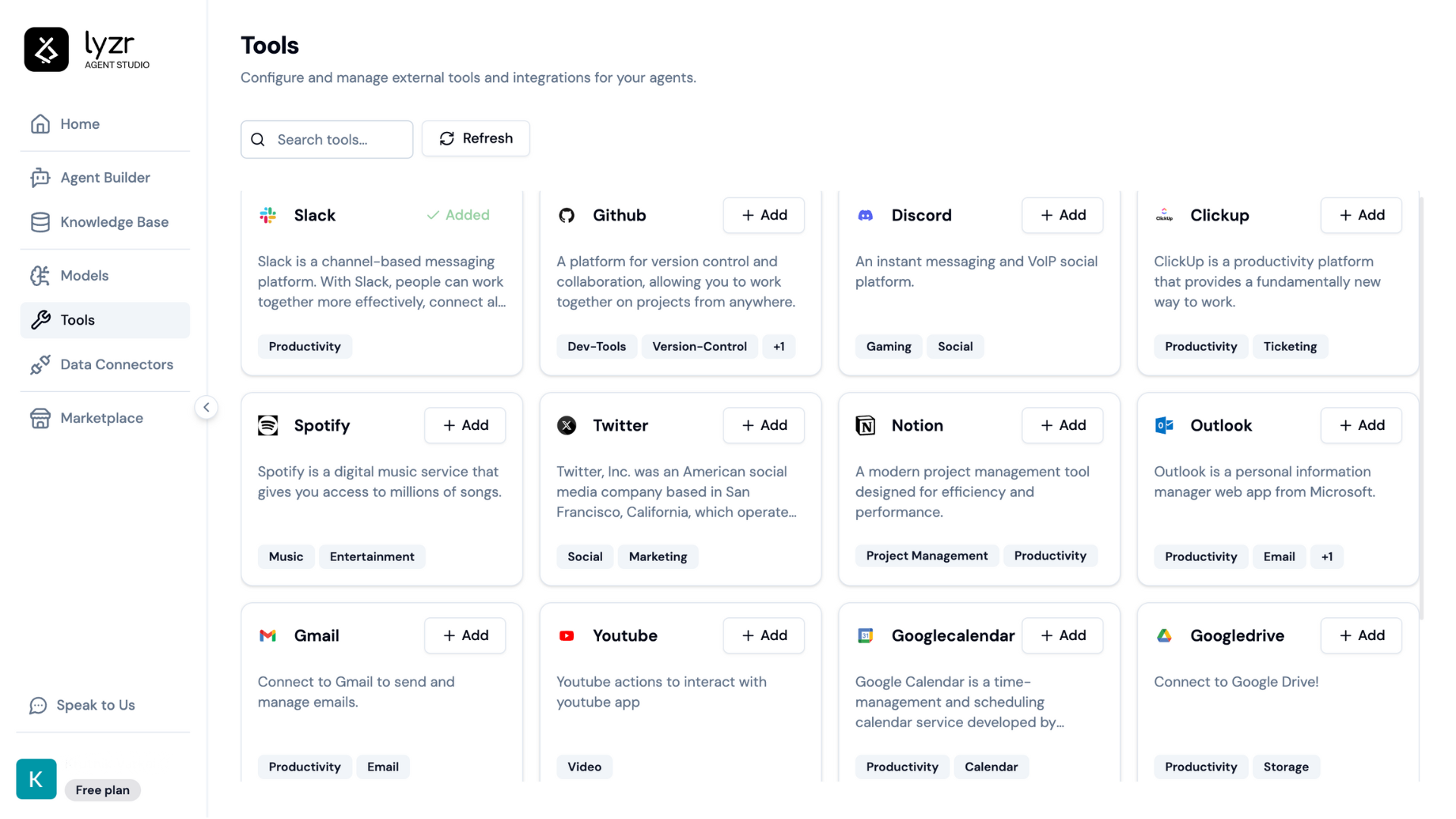 Lyzr.ai Seamlessly connect your Agents with tools like Notion, Gmail, ClickUp, Slack, and more.