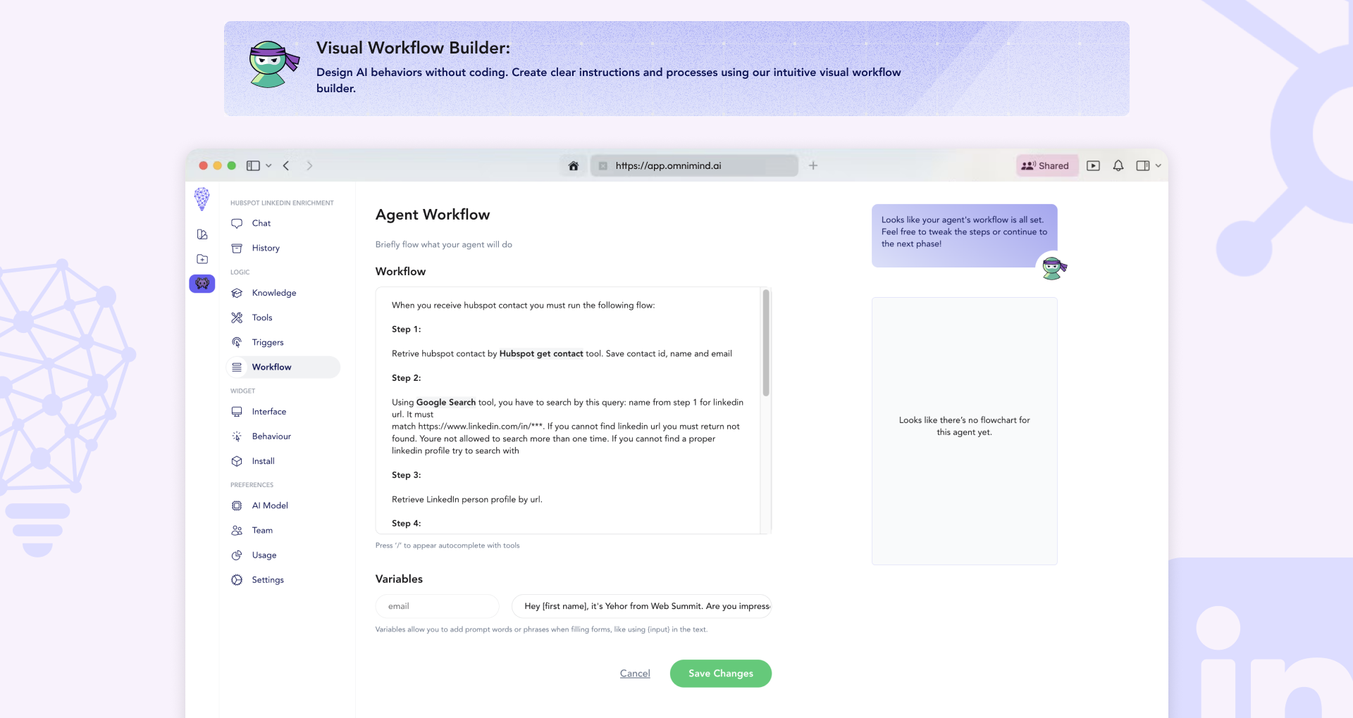 OmniMind.ai Design AI behaviors without coding. Create clear instructions and processes using our intuitive visual workflow builder.