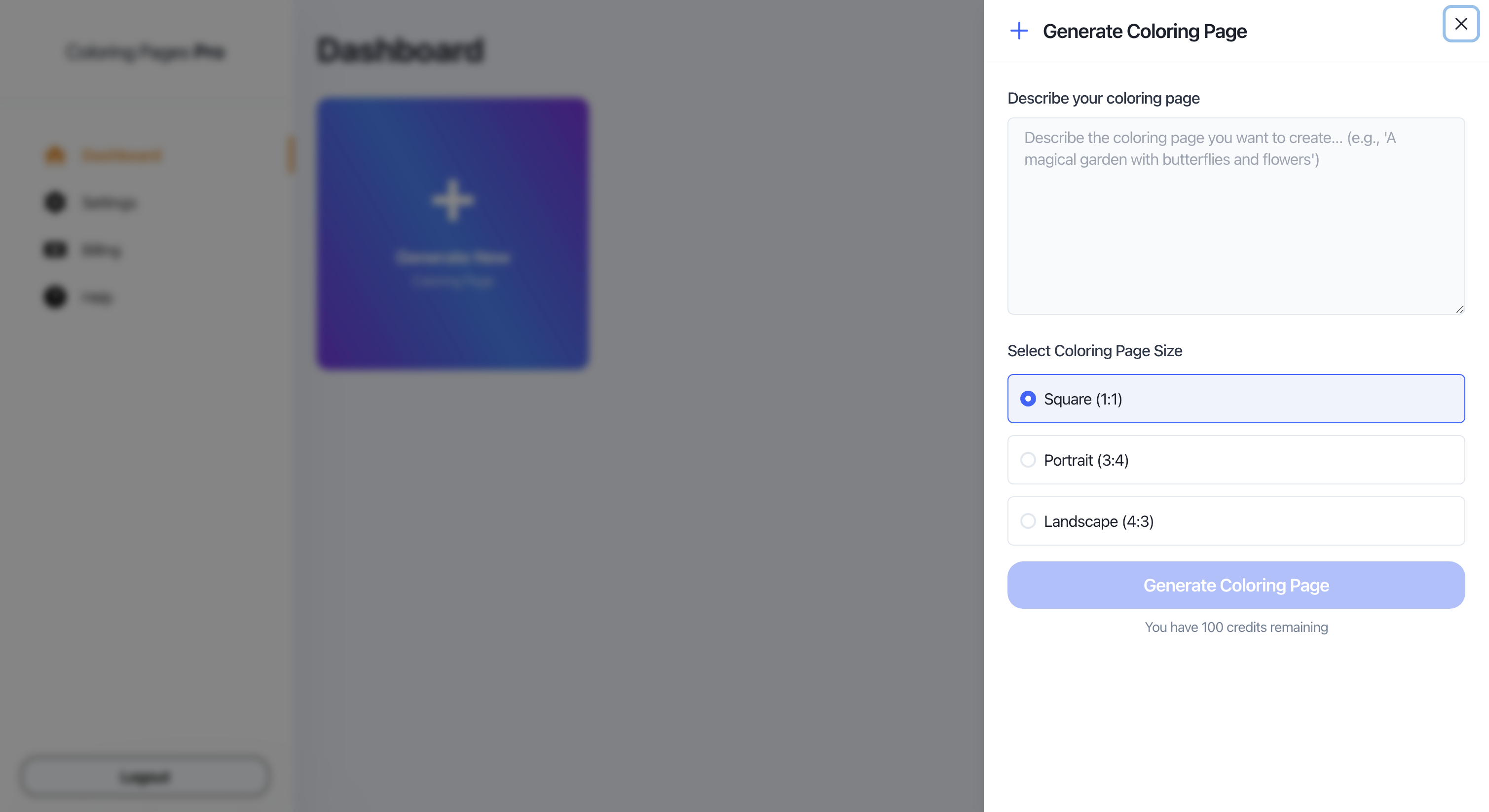 ColoringPagesPro Generation Screen