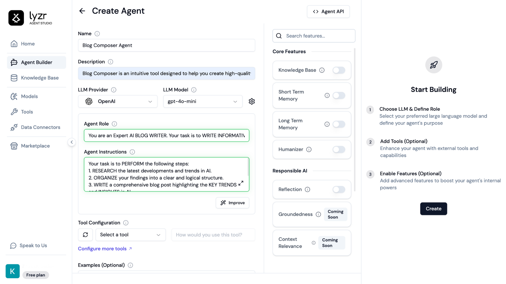 Lyzr.ai Describe your Agent and toggle on/off between features and capabilities