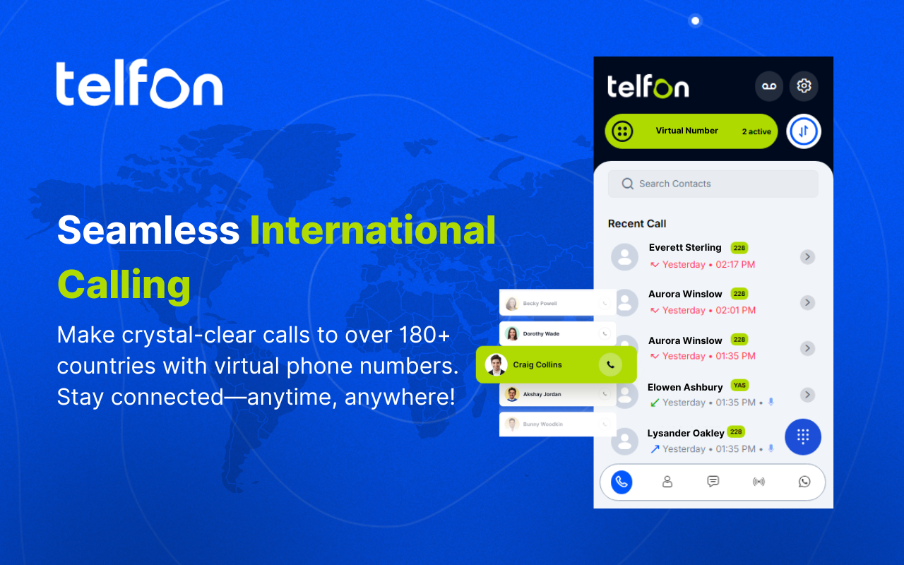 Telfon International Calls over 180+ countries