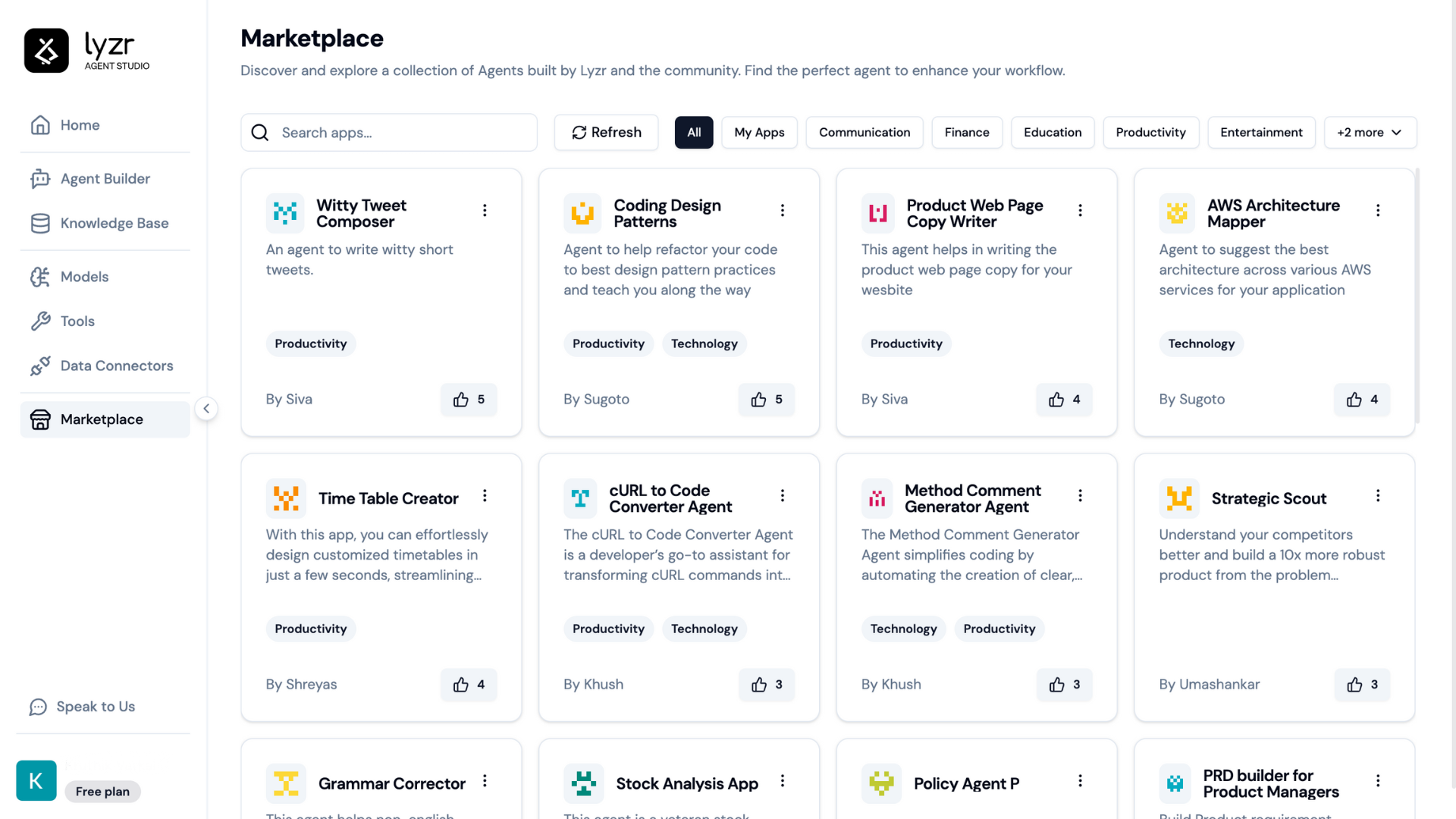 Lyzr.ai Try others' agents and allow users to try out yours by publishing your Agent as an app.