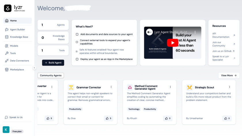 Lyzr.ai Learn to build an agent with an easy tutorial and intuitive interface