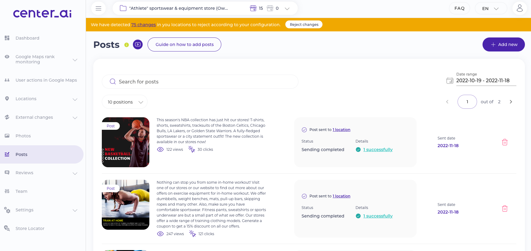Center AI Posts - Center.ai allows you to bulk add new posts or images to all or a few chosen store profiles simultaneously, which will help you save time while increasing effectiveness.
