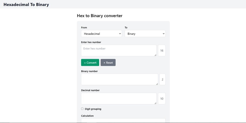 HexadecimalToBinary.com Landing Page