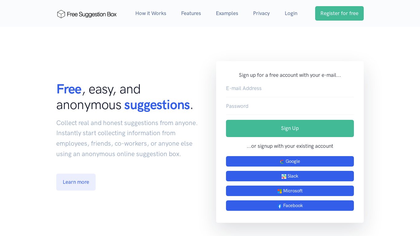 Free Suggestion Box Landing page