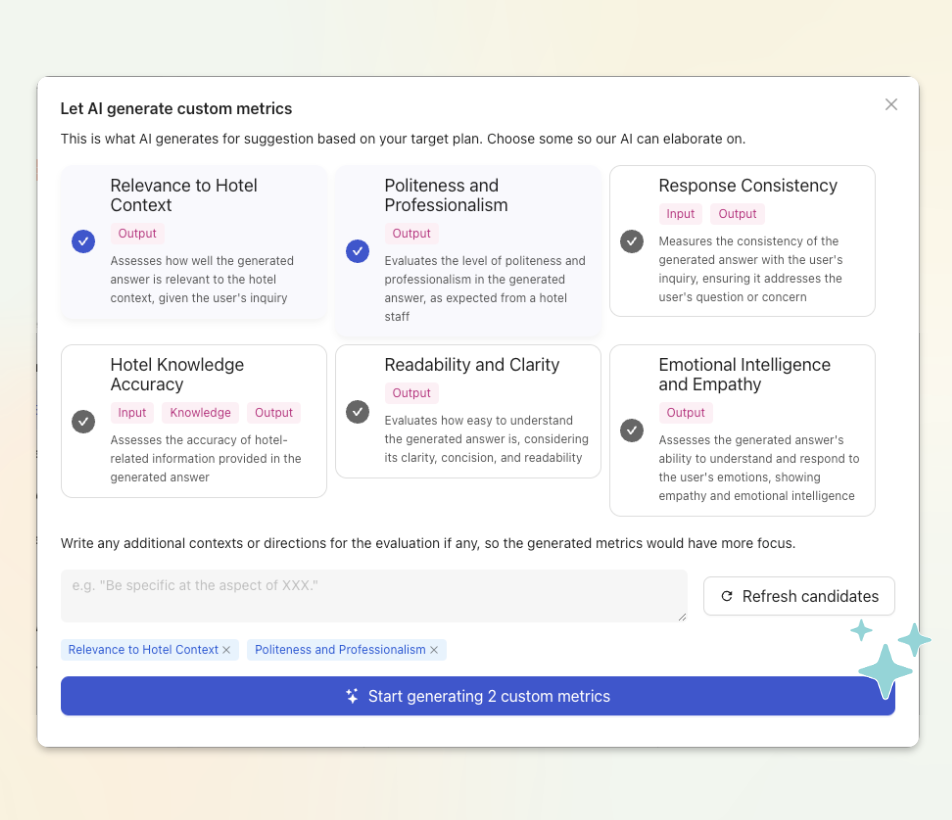 Teammately.ai Let AI generate custom metrics