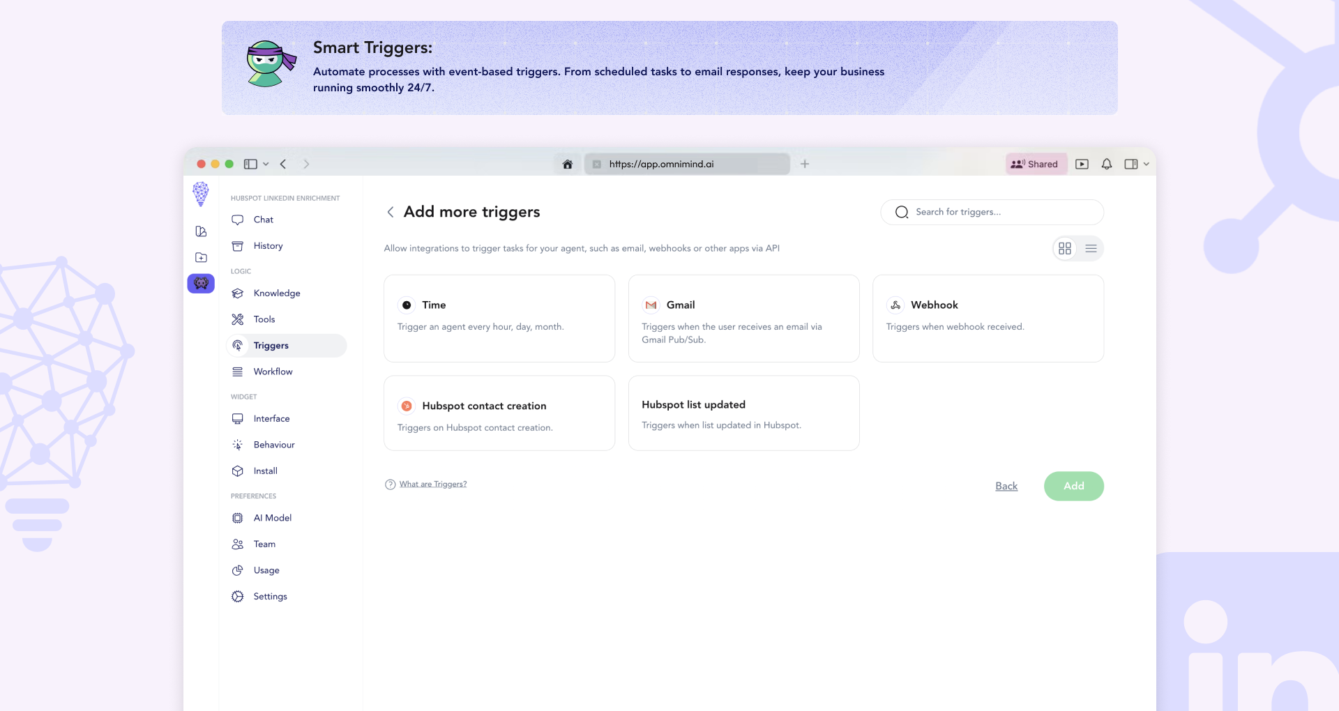 OmniMind.ai Automate processes with event-based triggers. From scheduled tasks to email responses, keep your business running smoothly 24/7.