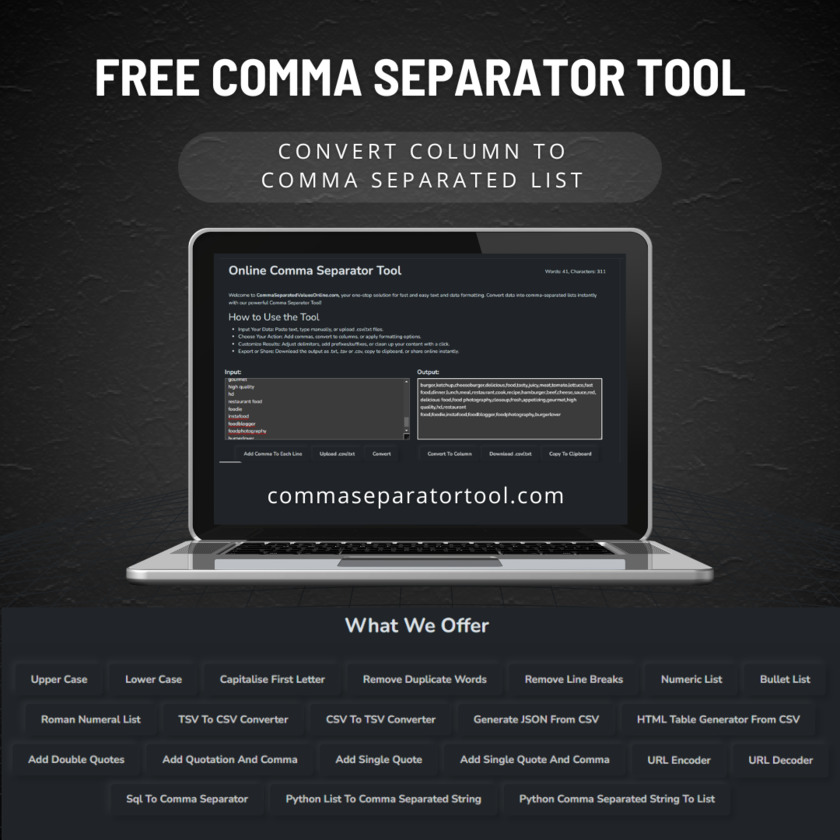 Online Comma Separator Tool Landing Page
