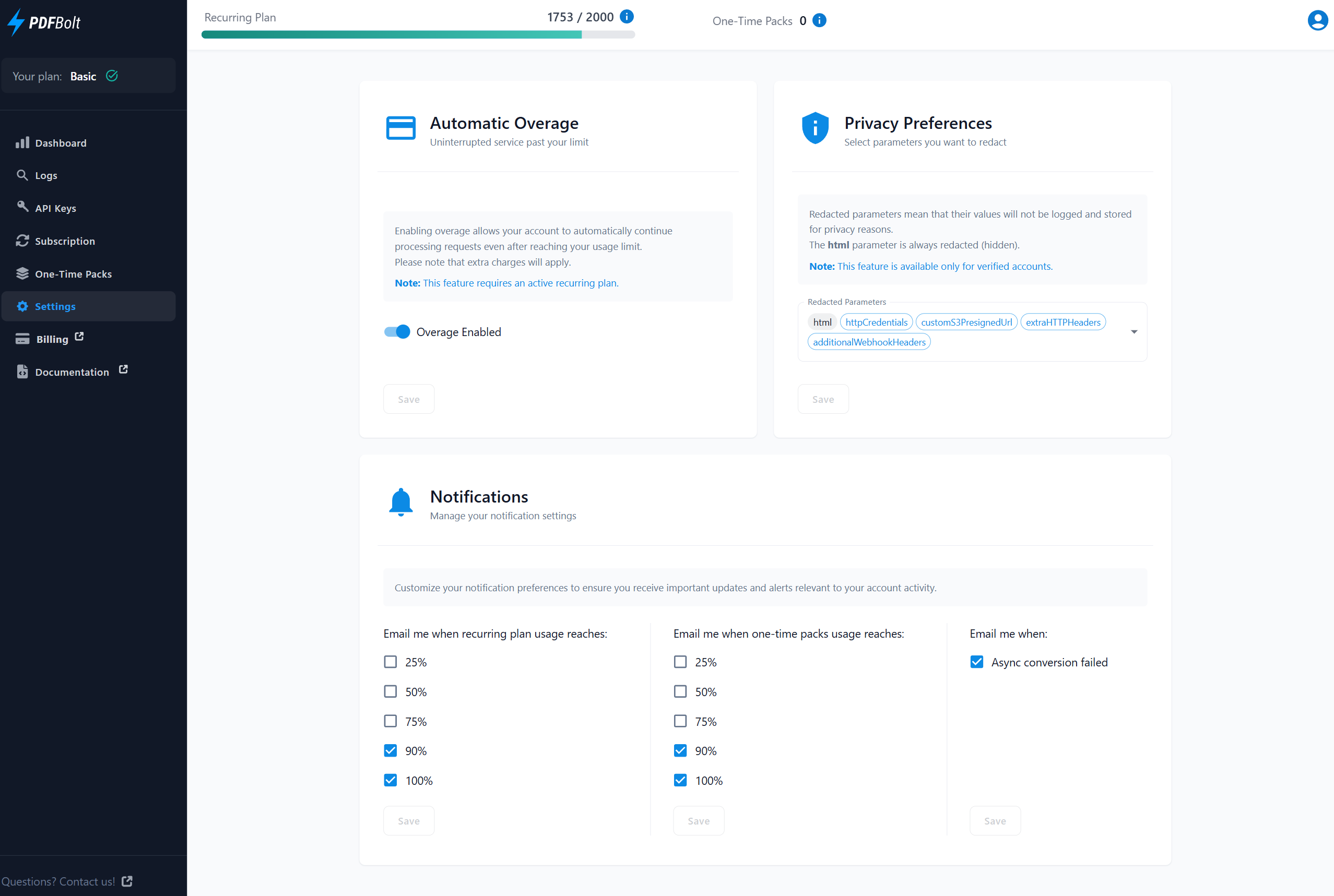 PDFBolt Account Settings – Manage Privacy, Notifications & Overage