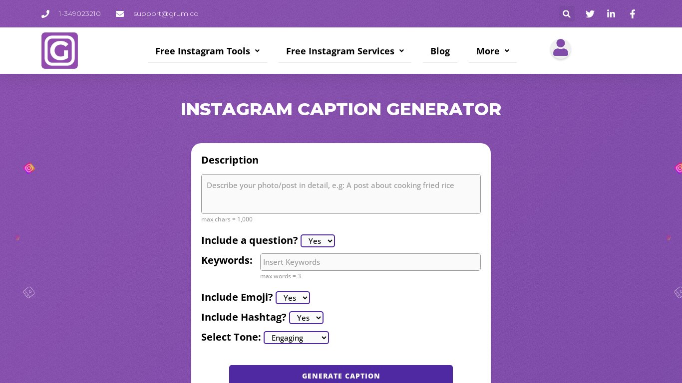 Instagram Caption Generator Landing page
