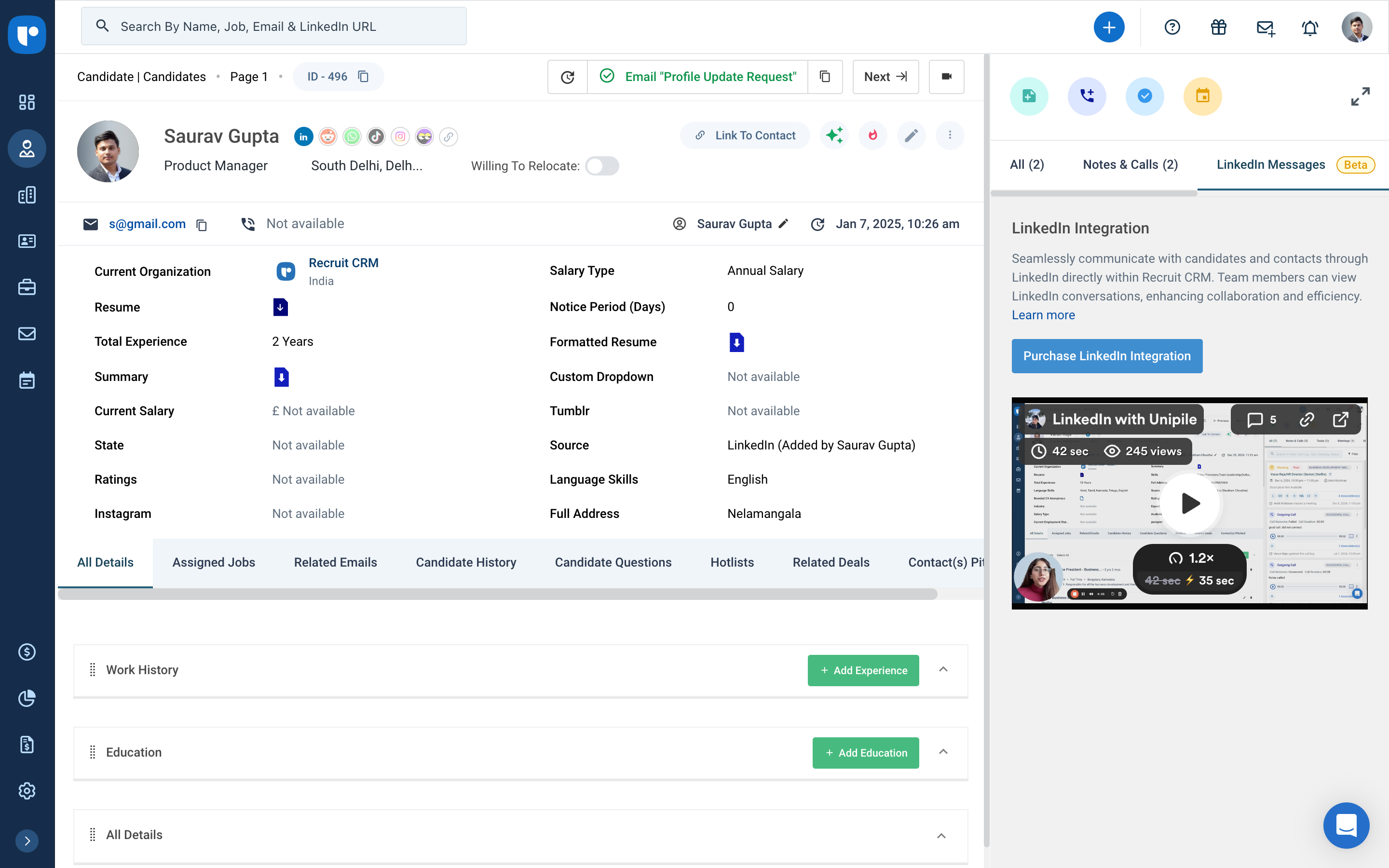 Recruit CRM Candidate Details Page