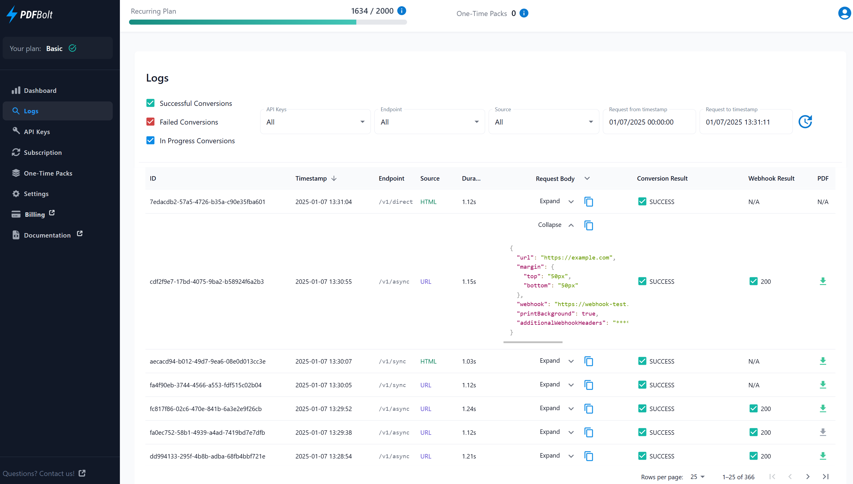 PDFBolt Conversion Logs – Track API Usage & Monitor Requests