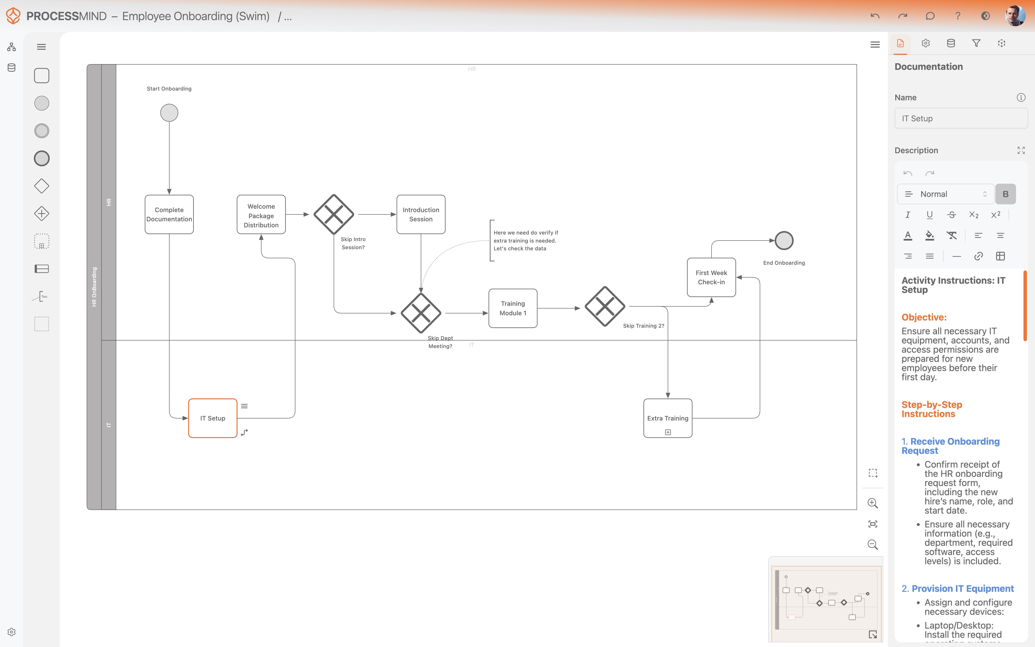 ProcessMind Add your process documentation to your model to have all information in one place. Use the documentation to explain your model to others. Export the documentation to share with others.