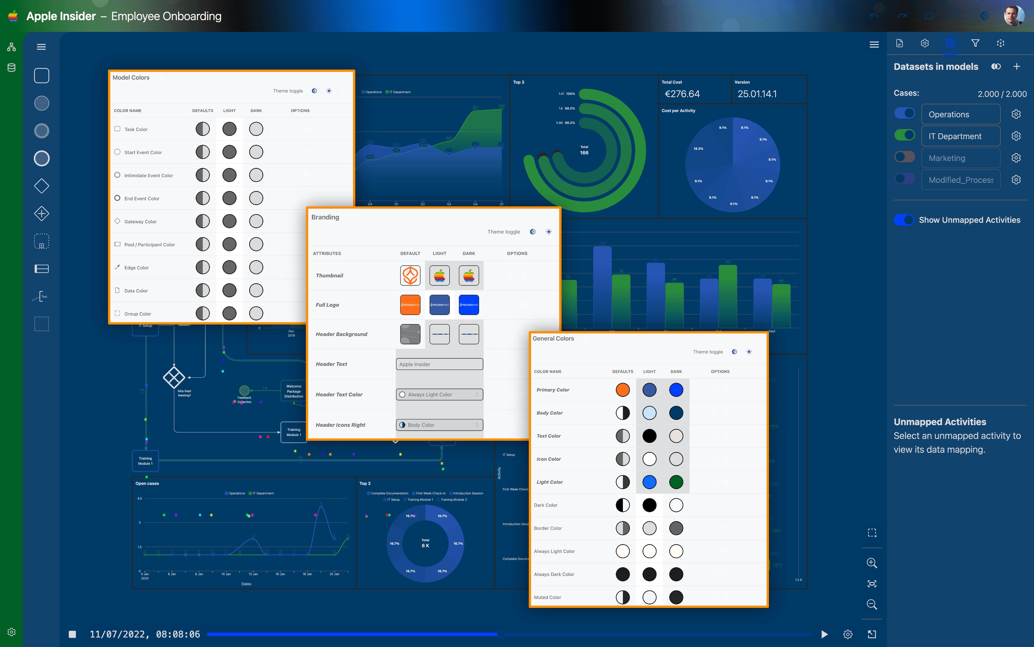 ProcessMind White-label to customize the process dashboards completely to your branding. For partners, have multiple tenants, branded to the style of your customers. In dark mode or light mode.