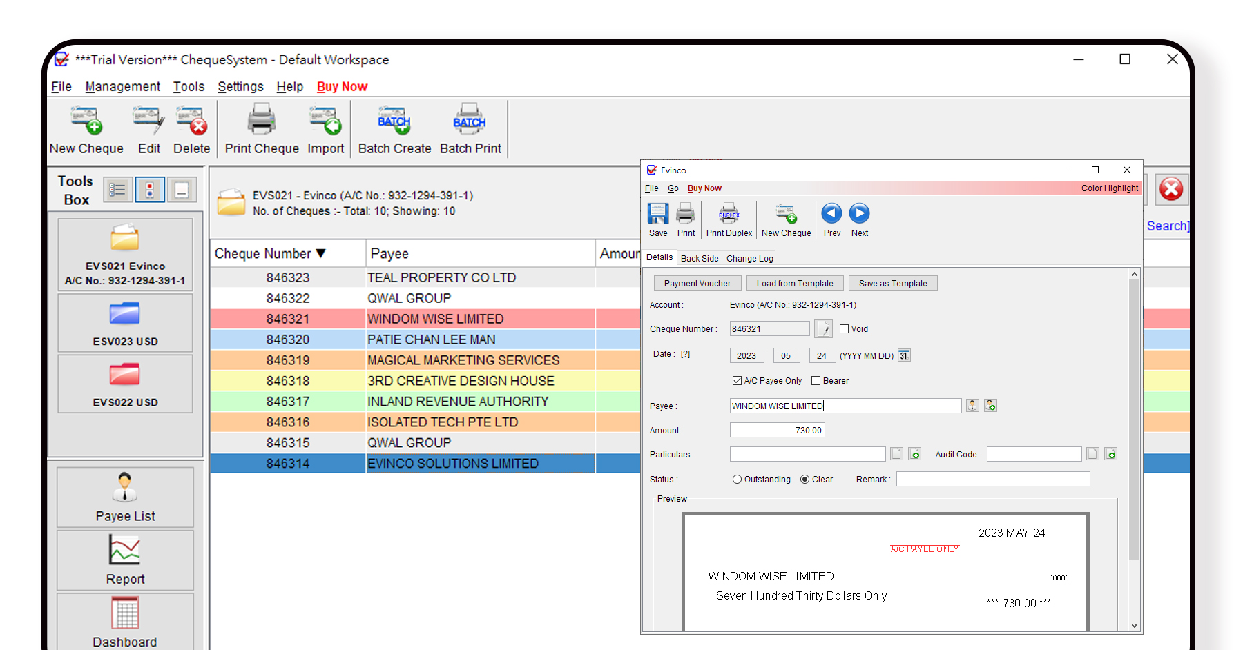 Evinco ChequeSystem Main Screen