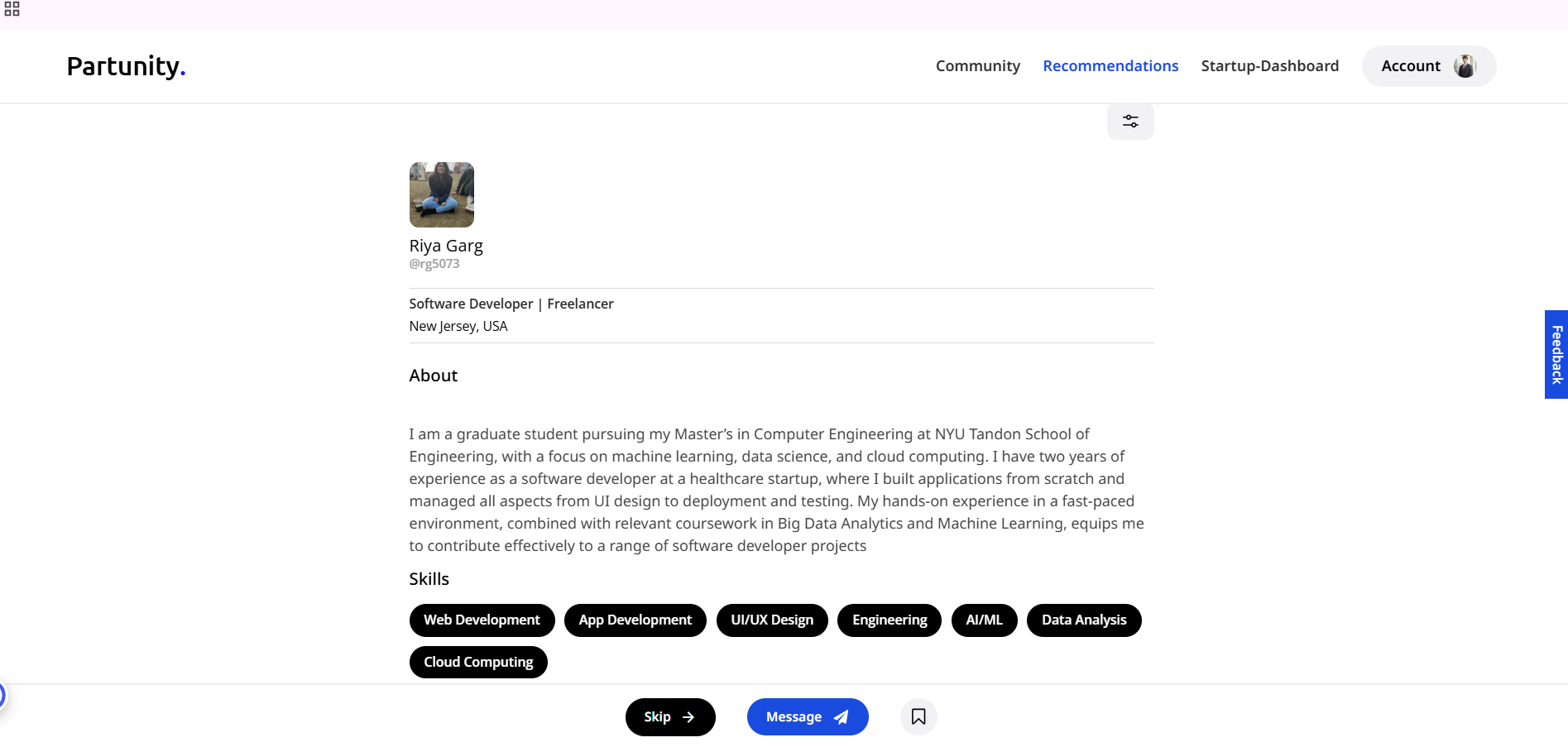 Partunity Sample Co-Founder Profile