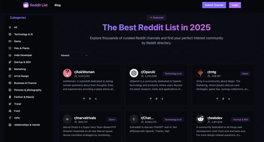 Reddit-List.com Landing Page