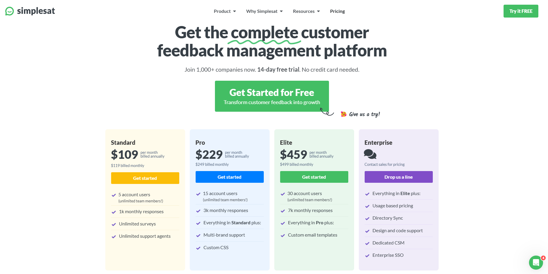 Simplesat Pricing page
