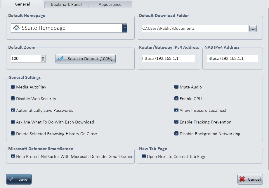 SSuite NetSurfer Prometheus Web Browser Settings MainPage