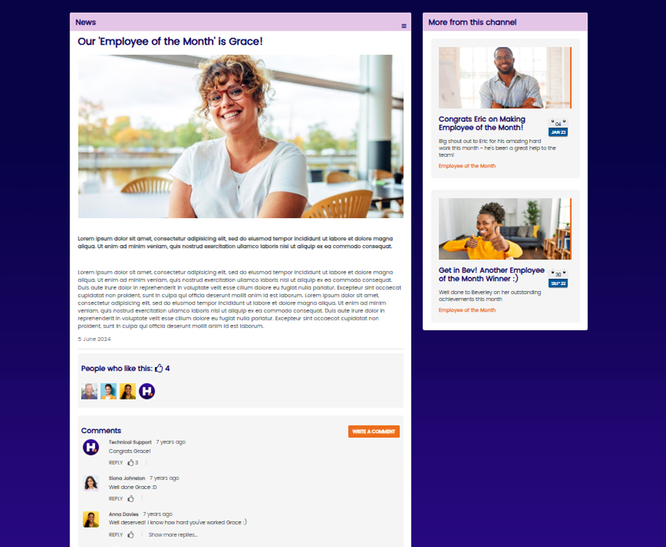 HUB Intranet News articles with social engagement features