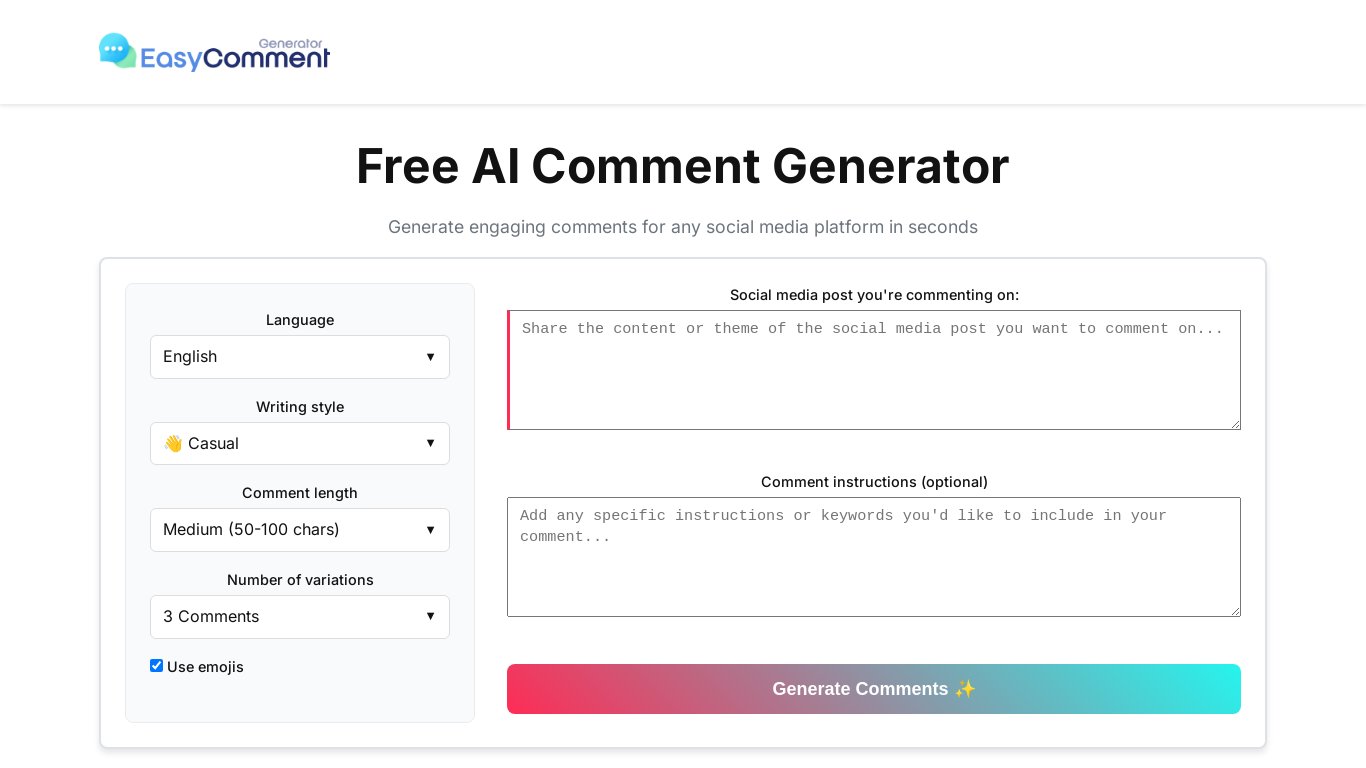 Easy Comment Generator Landing page