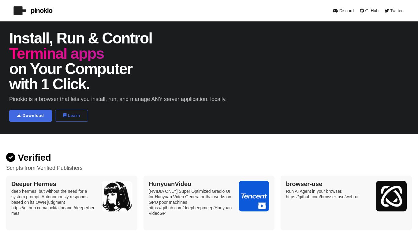 Pinokio Landing page