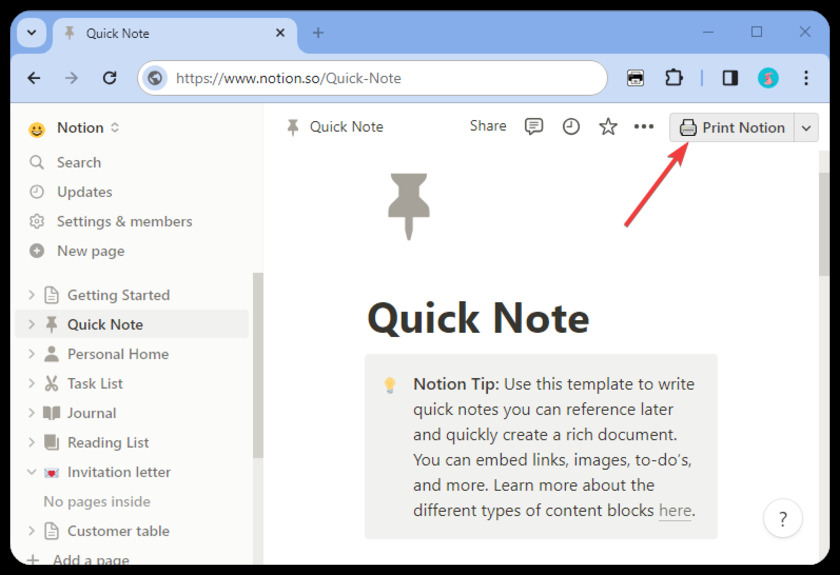 Print Notion Landing Page