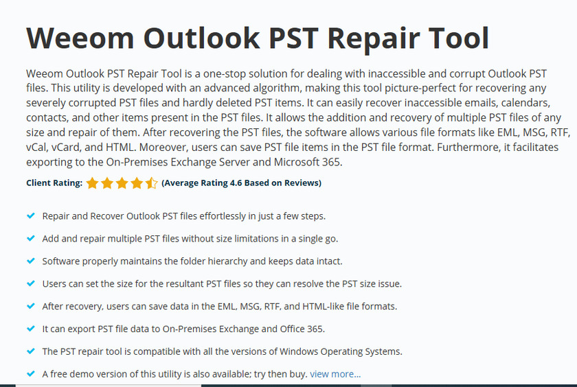 Weeom Outlook PST Repair Tool Landing Page