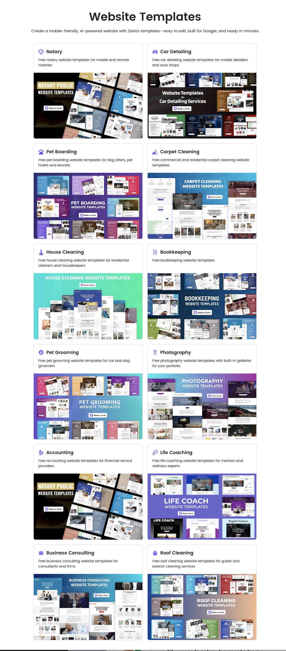 Zarla Choose from small business website templates