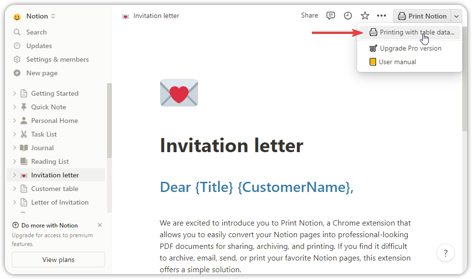 Print Notion Print Notion template