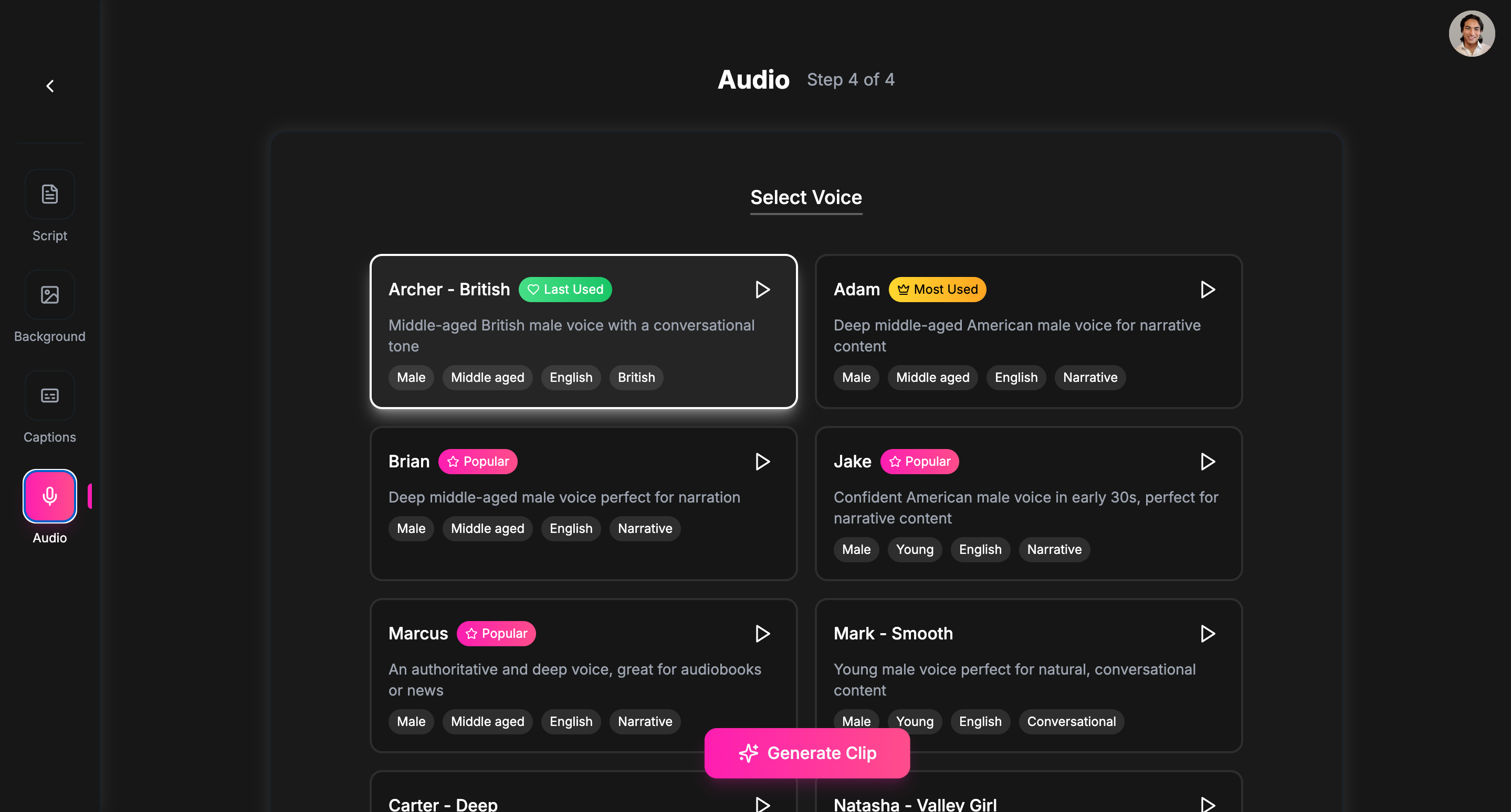 InstaClip AI InstaClip AI - Choose from a list of over 20 professional AI voices in English, Spanish, and Hindi to creator voiceovers for your content