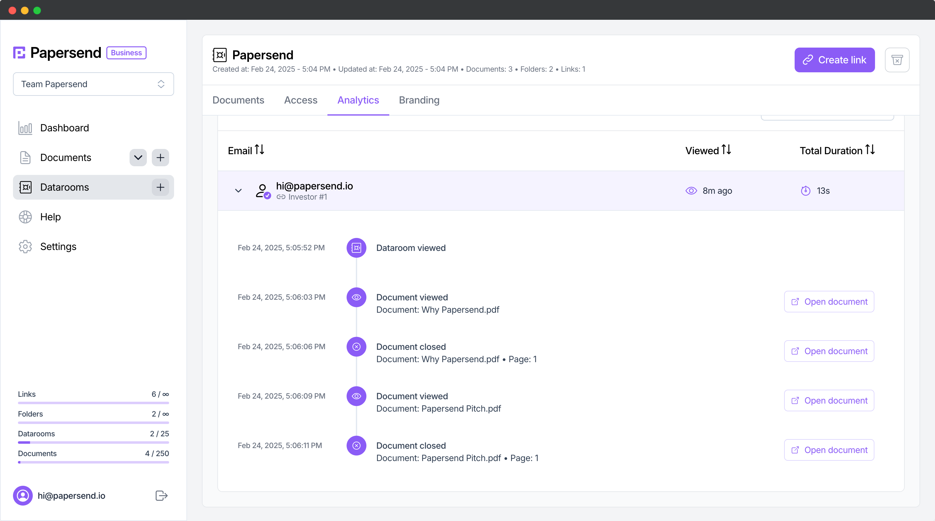 Papersend.io Papersend Data Room Analytics Timeline