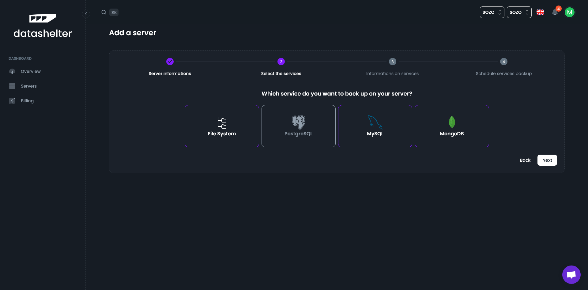Datashelter Select services to backup
