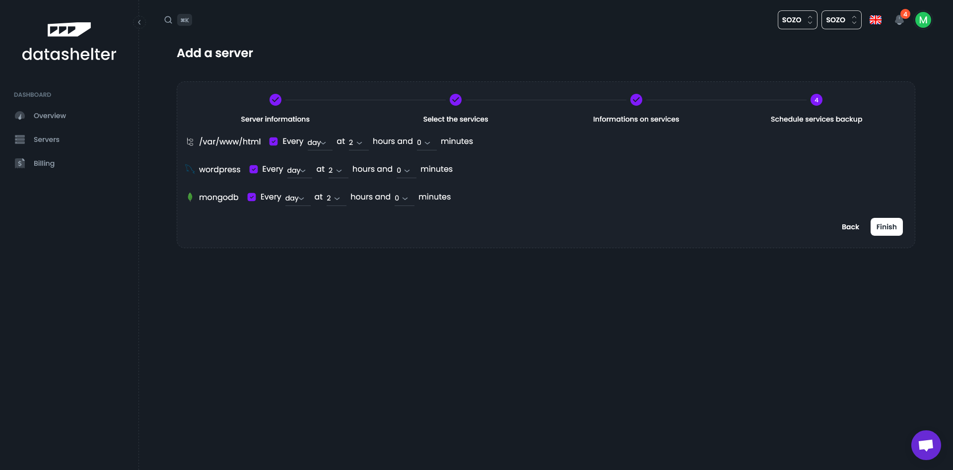 Datashelter Automatic backup scheduling
