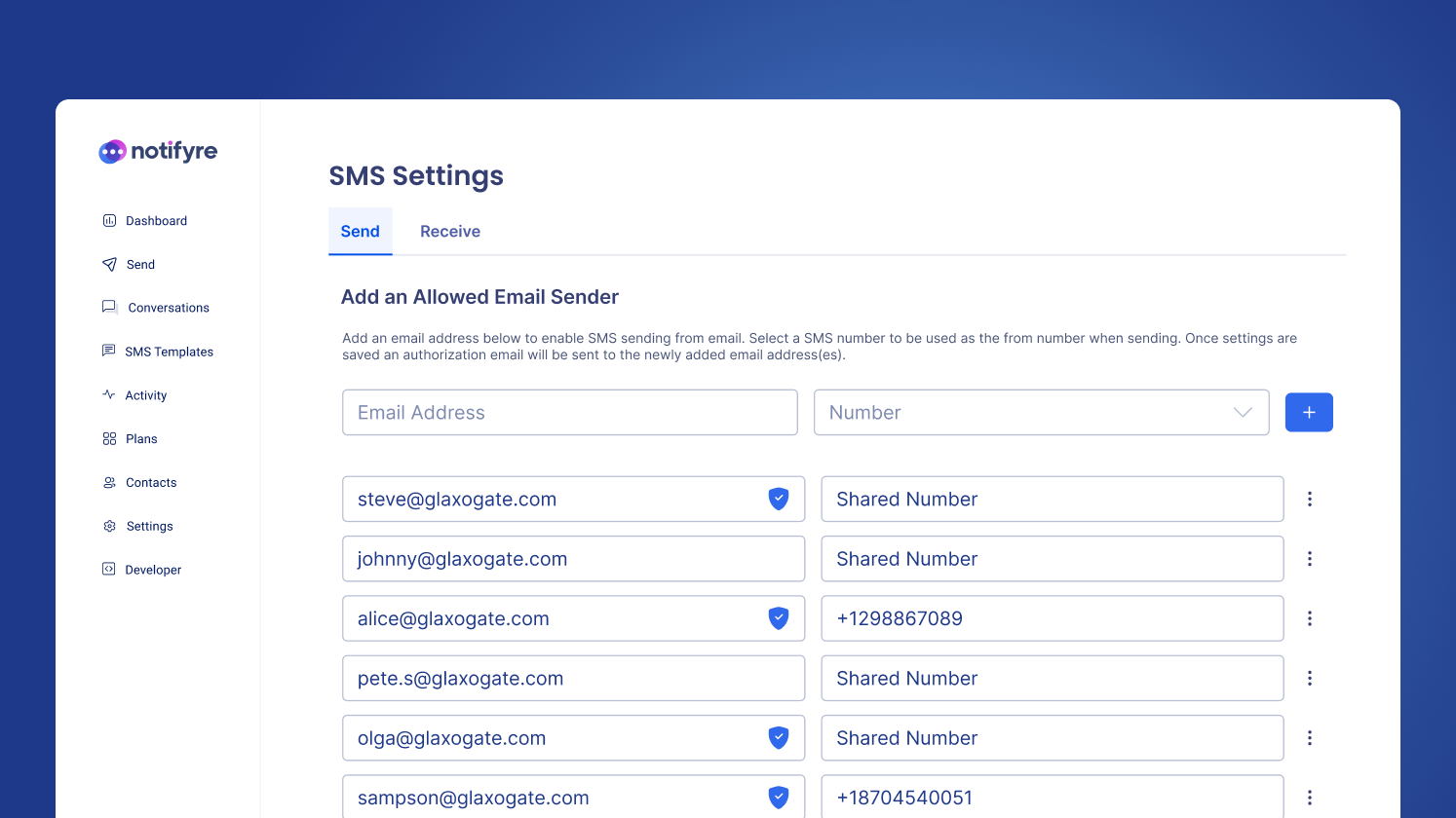 Notifyre Send and receive SMS in email. Authorize multiple emails to send and receive.