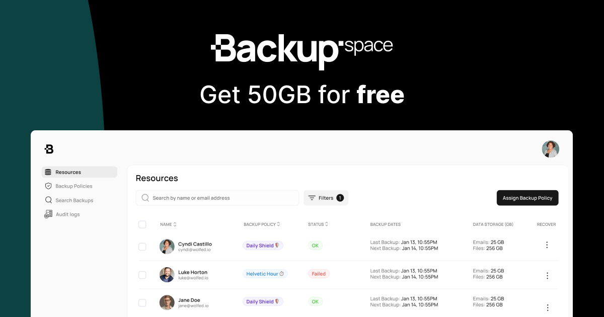 Backup Space Sign up today and get up to 50GB for Free
