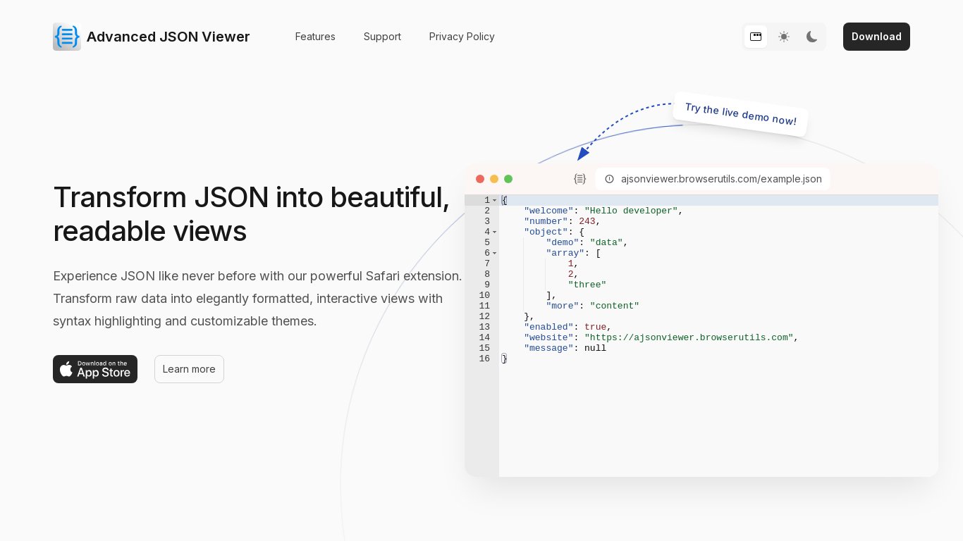 Advanced JSON Viewer Landing page