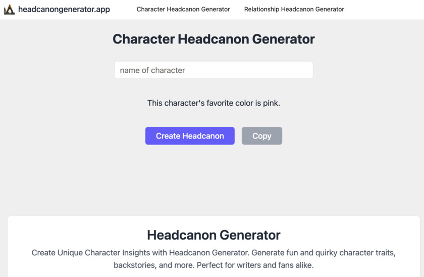 Headcanon Generator App Landing Page