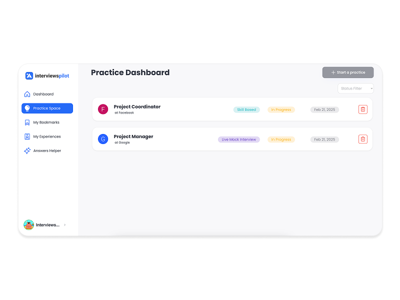 InterviewsPilot InterviewsPilot Practice Dashboard