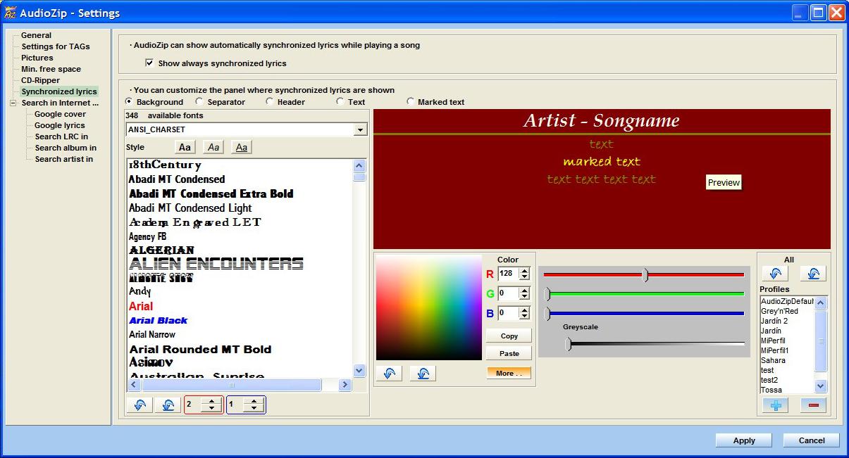 AudioZip Settings-Synchronized lyrics