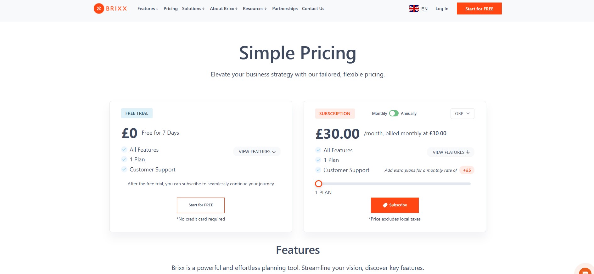 Brixx Pricing Page