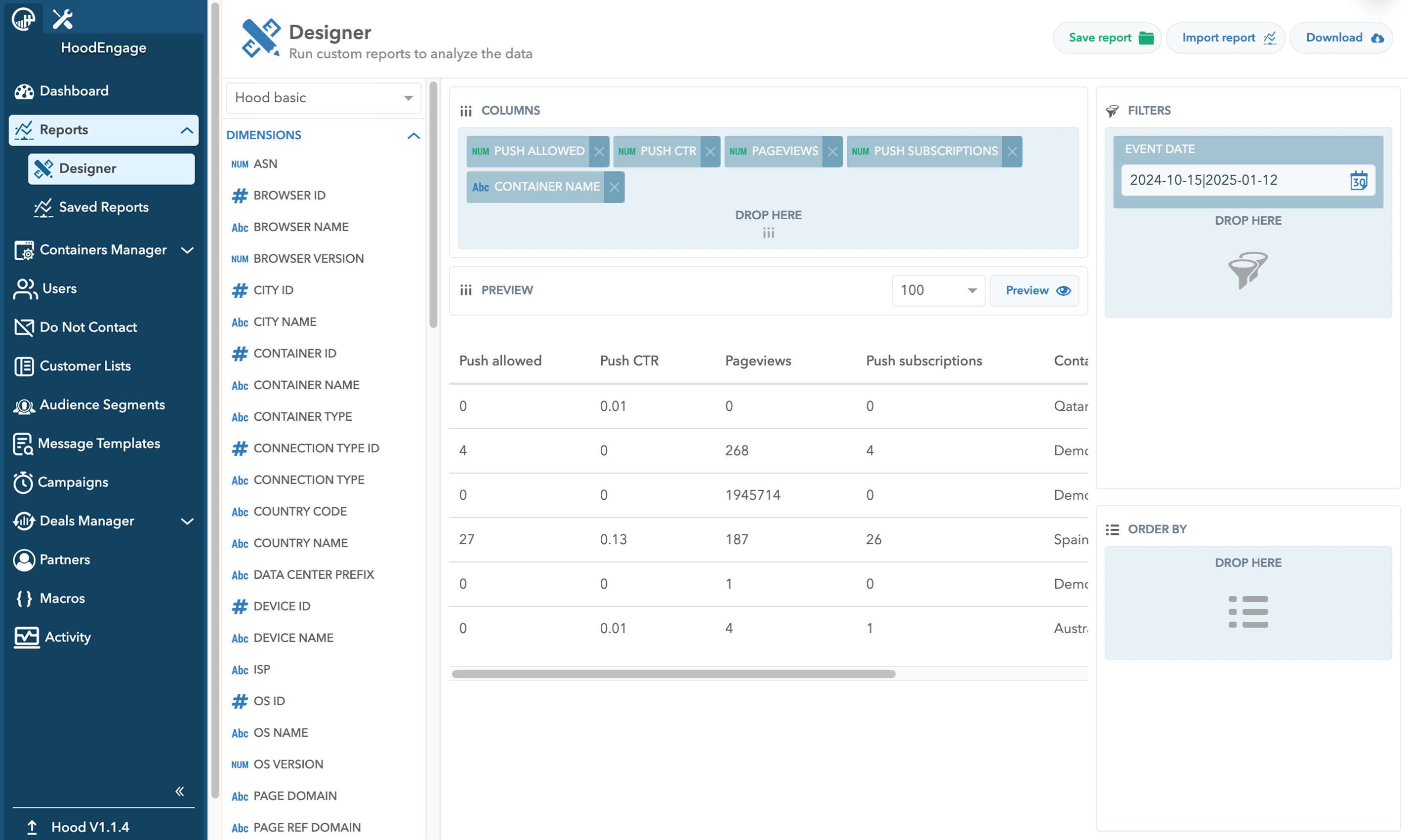 HoodEngage Reports designer