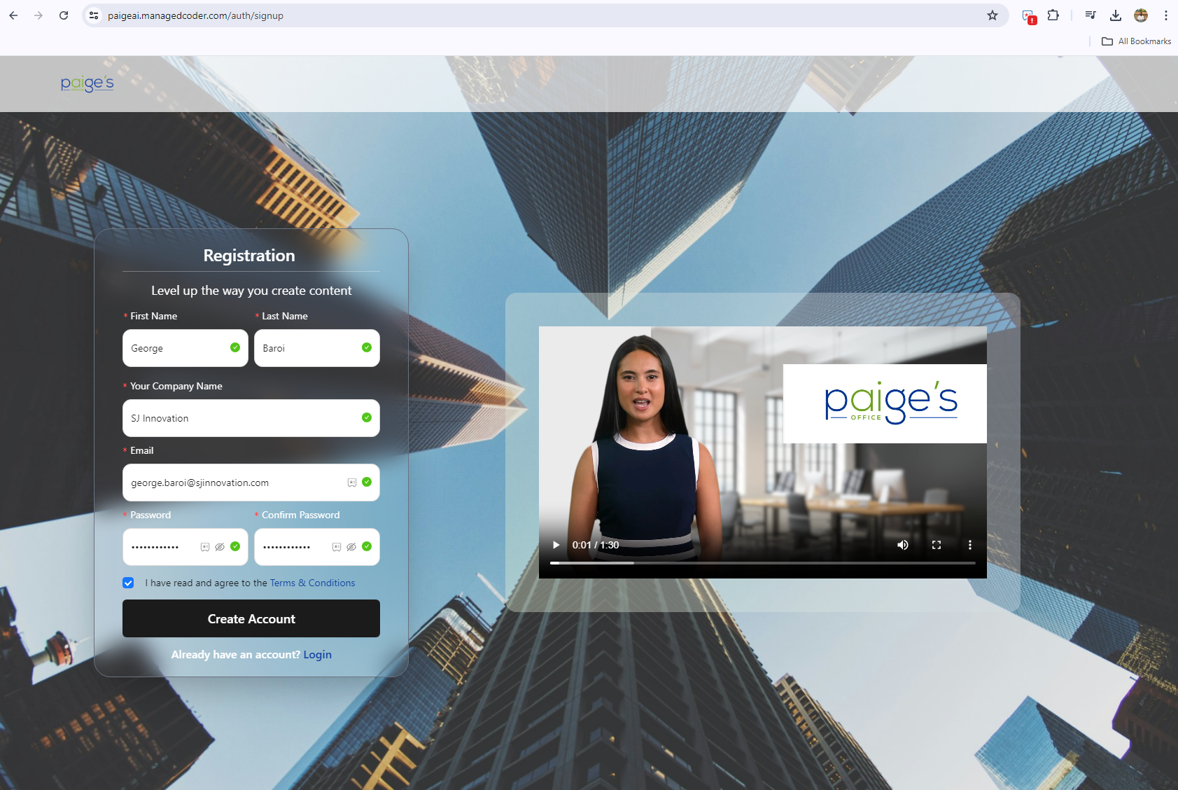Paiges Office Registration Page