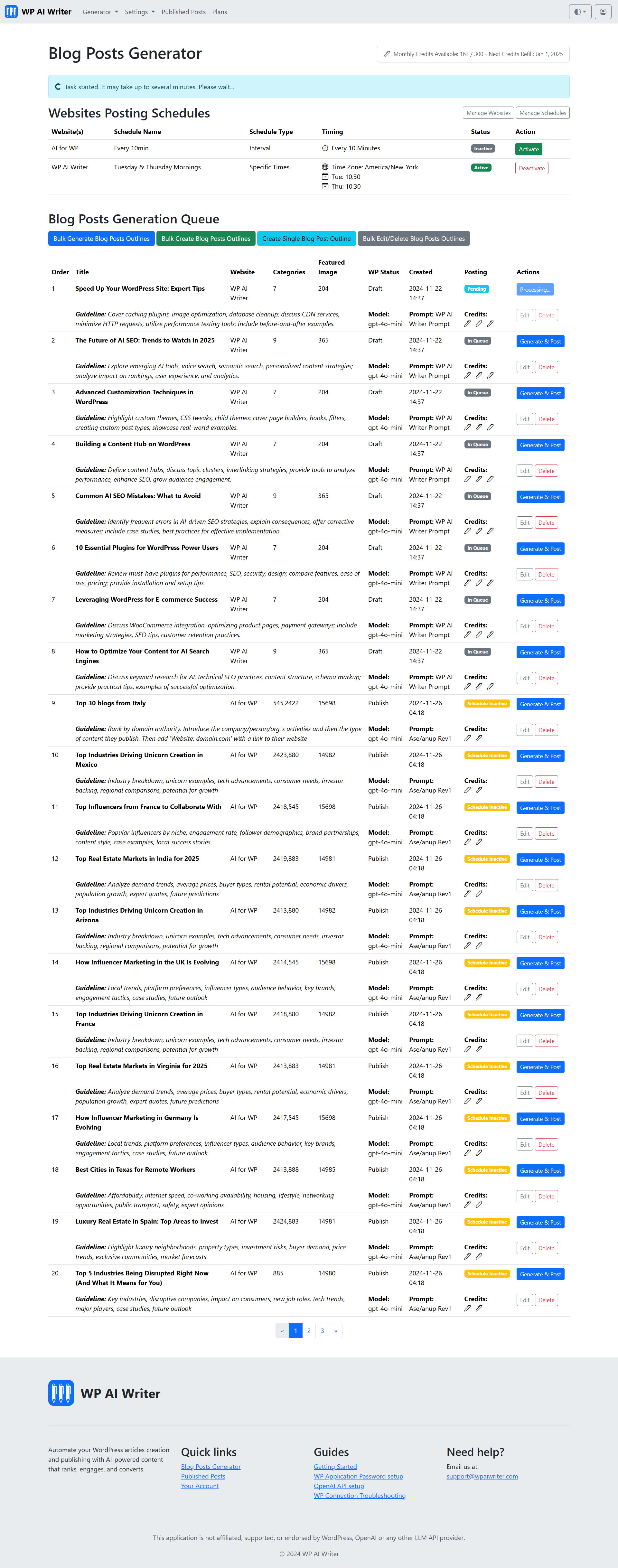 WP AI Writer WP AI Writer - Blog posts generation queue